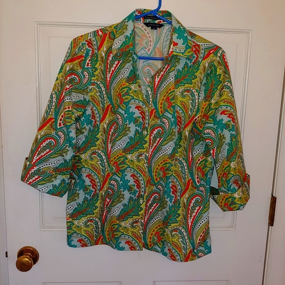 Land's End Summer Blouse, Sz 12, green and orange